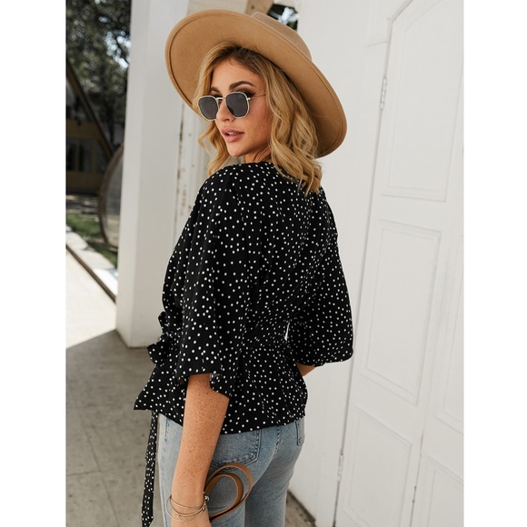 Polka Dot V-Neck Wrap Belted Black Top - Picture 4 of 8